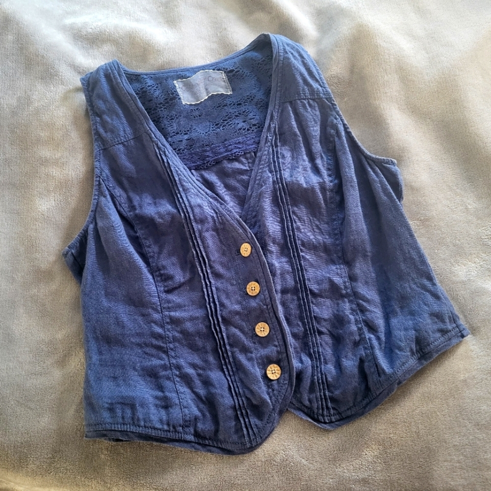 Vintage Boho Chic Linen Denium Blue Vest